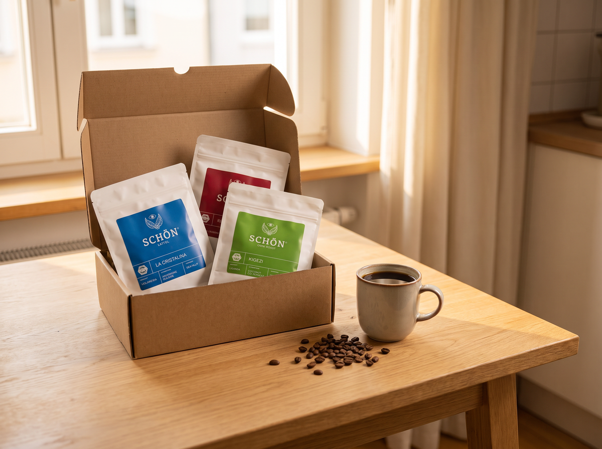 Geöffneter Versandkarton mit drei Schön-Kaffee-Tüten à 250 g auf einem Holztisch, daneben eine Tasse Kaffee