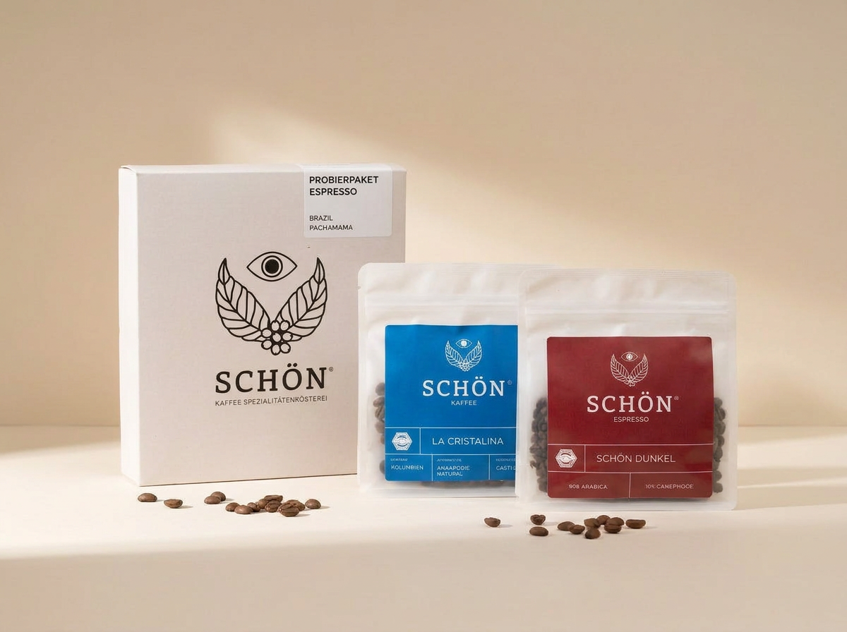 Probierpaket-Box mit zwei transparenten 125-g-Kaffeebeuteln